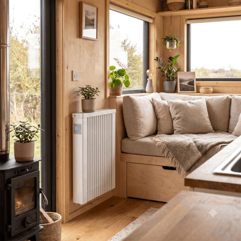 Schlanke Elektrospeicherheizung platzsparend an der Holzwand im Tiny House montiert