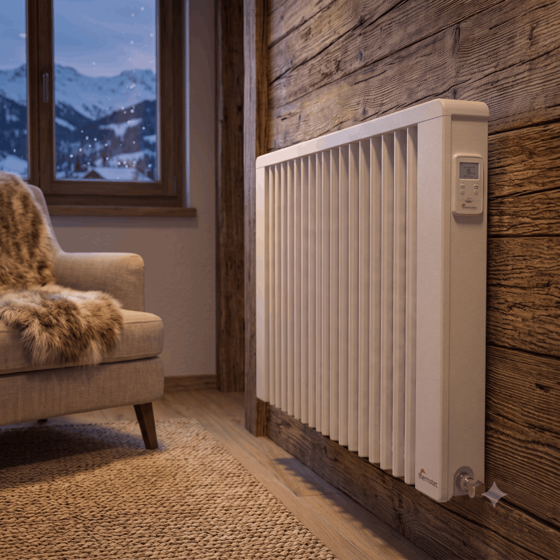 Moderne Eco-Swiss Speicherheizung an einer Holzwand im Ferienhaus montiert