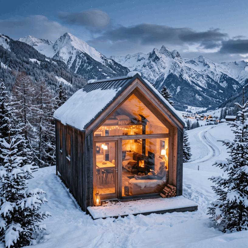 Modernes verschneites Tiny House in den Schweizer Alpen mit behaglicher Innenbeleuchtung