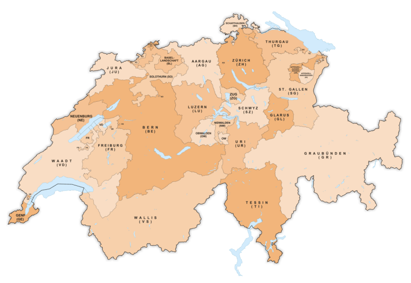 Kantone der Schweiz in einer Karte dargestellt