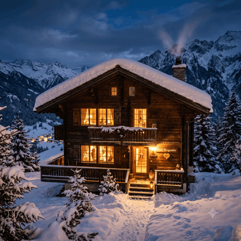 Verschneites Schweizer Chalet in den Bergen mit warmem Licht im Innenraum